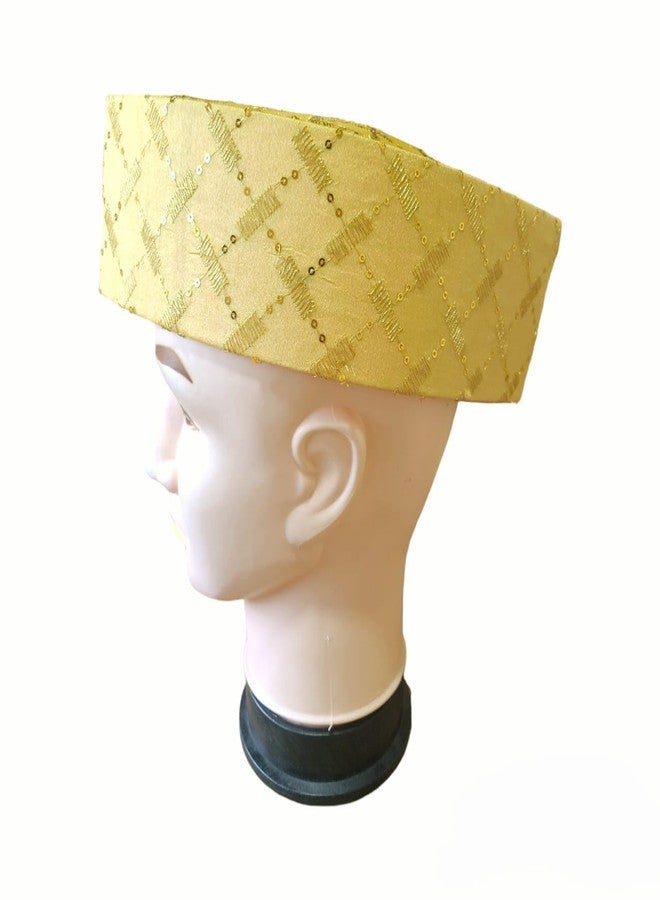 BANI THANI® Men’s Wedding Kasida Topi | Traditional Pooja & Engagement Cap | Sakharpuda Fancy Chikankari Work (Golden Topi) - Image 4
